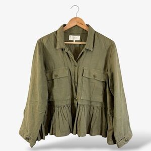The Great. Flutter Army Jacket Size 2 (US M 8/10) Green Peplum Cotton Linen